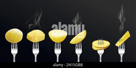 Kartoffeln auf der Gabel realistisches Set mit Einzelbildern von Metallgabeln mit frisch gekochten Räucherkartoffeln Stock Vektor