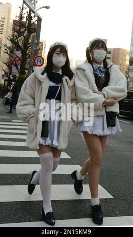 Mädchen, gekleidet in Französisch Dienstmädchen Kostüme Rabatt-Coupons für Maid Cafés in Tokio Akihabara Vergnügungsviertel austeilen. Stockfoto