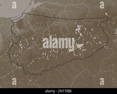 Warminsko-Mazurskie, woiwodschaft|Provinz Polen. Höhenplan in Sepia-Tönen mit Seen und Flüssen Stockfoto