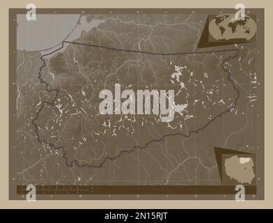 Warminsko-Mazurskie, woiwodschaft|Provinz Polen. Höhenplan in Sepia-Tönen mit Seen und Flüssen. Eckkarten für zusätzliche Standorte Stockfoto