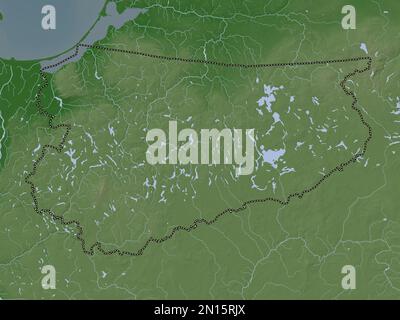 Warminsko-Mazurskie, woiwodschaft|Provinz Polen. Höhenkarte im Wiki-Stil mit Seen und Flüssen Stockfoto