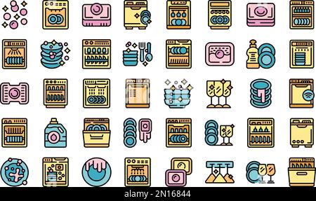 Symbole für Geschirrspülmittel legen den Konturvektor fest. Tabs-Werbung. Kapseln saubere Farblinie auf weiß isoliert Stock Vektor