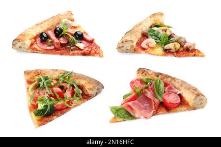 Set mit verschiedenen Pizzastücken auf weißem Hintergrund Stockfoto