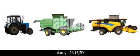 Satz verschiedener landwirtschaftlicher Maschinen auf weißem Hintergrund. Bannerdesign Stockfoto