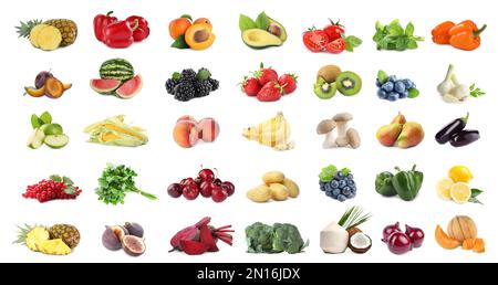 Auswahl an frischem Obst und Gemüse aus biologischem Anbau auf weißem Hintergrund. Bannerdesign Stockfoto