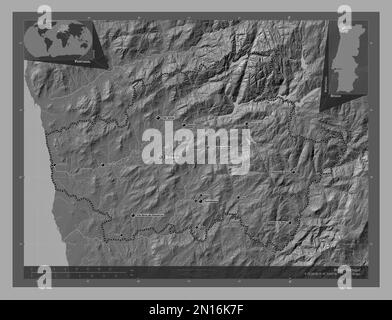 Braga, portugiesischer Bezirk. Bilevel-Höhenkarte mit Seen und Flüssen. Standorte und Namen der wichtigsten Städte der Region. Lage der Zusatzgeräte an der Ecke Stockfoto