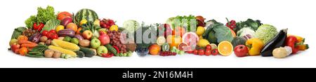 Sammlung von frischem Bio-Gemüse und Obst auf weißem Hintergrund. Bannerdesign Stockfoto