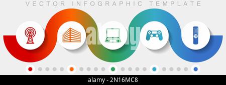 Vektorvorlage für technische Infografiken mit Symbolsatz, verschiedene Symbole wie Antenne, Bürogebäude, Laptop, Gamepad, tv-Fernbedienung für webdesign A. Stock Vektor