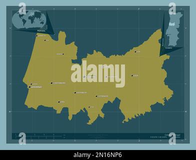 Coimbra, portugiesischer Bezirk. Durchgehende Farbform. Standorte und Namen der wichtigsten Städte der Region. Eckkarten für zusätzliche Standorte Stockfoto