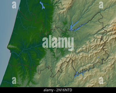 Coimbra, portugiesischer Bezirk. Farbige Höhenkarte mit Seen und Flüssen Stockfoto