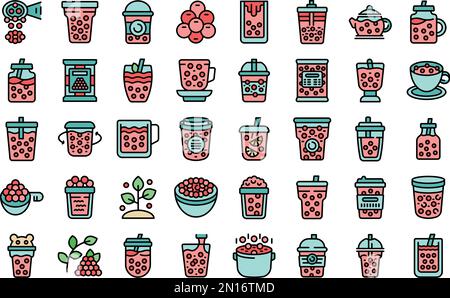 Symbole für Bubble Tea legen den Konturvektor fest. Asiatische Eier. Tassen trinken Farblinien auf weiß isoliert Stock Vektor