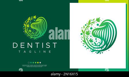 Logo-Design-Vorlage für Blumen-Dentalprodukte. Pflanzenzahn-Logo-Grafikvektor. Stock Vektor