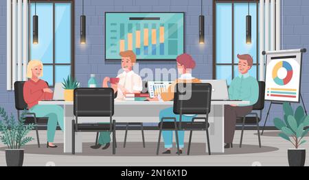 Cartoon mit Teilnehmern, die über geschäftliche Projekte diskutieren, und Projektionsleinwand auf Vektordarstellung im Hintergrund Stock Vektor