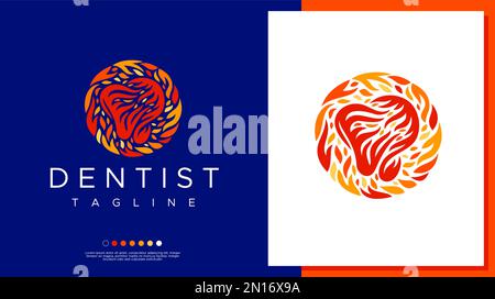 Farbenfroher Fire Dental Logo-Design-Vektor. Logo-Vorlage für Kreiszahnflamme. Stock Vektor
