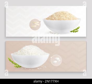 Realistische Banner für Reis mit Schüsseln, die sich mit parboiled und rohen Körnern natürlicher Produktvektoren füllen Stock Vektor
