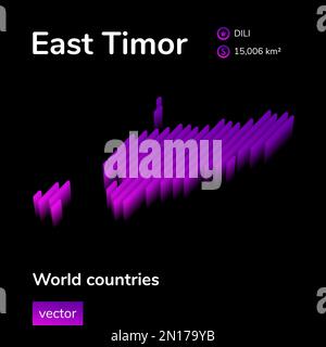 3D Karte von Osttimor. Die isometrische Vektorkarte mit stilisierten Streifen ist in Neonviolett und Rosa auf schwarzem Hintergrund dargestellt Stock Vektor