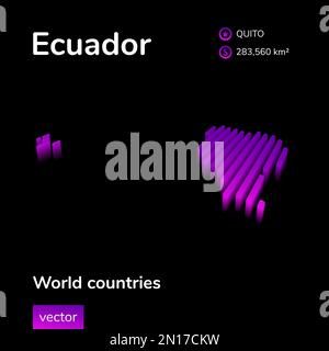 Karte von Ecuador 3D. Die isometrische Karte Ecuadors mit gestreiften Vektoren ist in Neonviolett auf schwarzem Hintergrund dargestellt. Stock Vektor