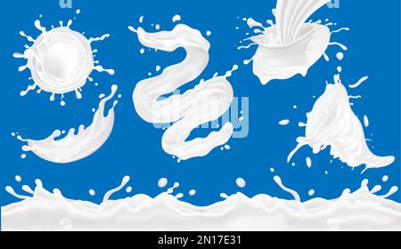 Milchspritzer verschiedener Formen mit Tropfen, realistischer Satz, isoliert vor blauem Hintergrund, Vektorabbildung Stock Vektor