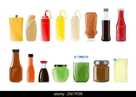 Leere Glas- und Kunststoffflaschen und Packungen mit verschiedenen Soßen flache, isolierte Vektordarstellung Stock Vektor