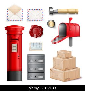 Realistische Darstellung von Postsymbolen Briefkasten, leere Briefumschläge, Wachsversiegelung und Stempelvektor Stock Vektor