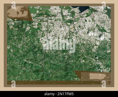 Bayamon, Gemeinde Puerto Rico. Satellitenkarte mit niedriger Auflösung. Standorte der wichtigsten Städte der Region. Eckkarten für zusätzliche Standorte Stockfoto