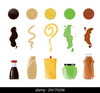 Soßen verpackt Flaschen und Streifen flaches Set mit Soja-Wasabi-Käsesalf und bbq-isolierter Vektordarstellung Stock Vektor