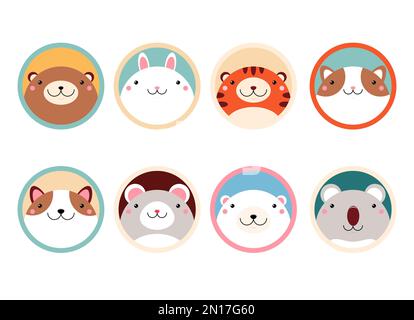 Satz des Symbols für Kawaii-Mitglieder. Quadratische Karten mit niedlichen Cartoon-Tieren. Baby Sammlung von Avataren mit Tiger, Koala, Eisbär, Katze, Häschen, Hund, brauner Be Stockfoto