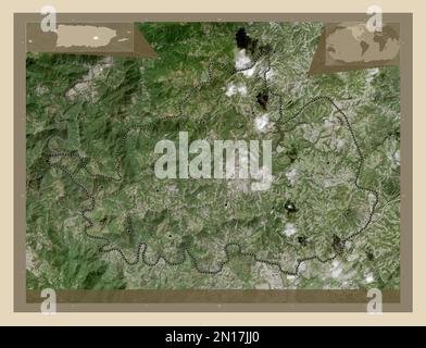 Cidra, Gemeinde Puerto Rico. Hochauflösende Satellitenkarte. Standorte der wichtigsten Städte der Region. Eckkarten für zusätzliche Standorte Stockfoto