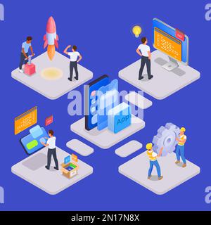 Erstellung von Apps mit isometrischen Plattformen mit Symbolen für Smartphone-Ausrüstung und Vektordarstellung menschlicher Charaktere Stock Vektor