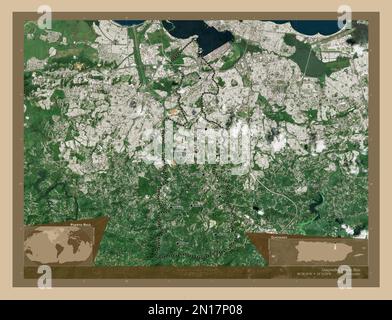 Guaynabo, Gemeinde Puerto Rico. Satellitenkarte mit niedriger Auflösung. Standorte und Namen der wichtigsten Städte der Region. Eckkarten für zusätzliche Standorte Stockfoto