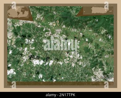 Juncos, Gemeinde Puerto Rico. Satellitenkarte mit niedriger Auflösung. Eckkarten für zusätzliche Standorte Stockfoto