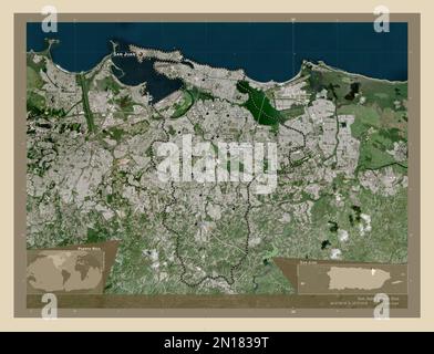 San Juan, Gemeinde Puerto Rico. Hochauflösende Satellitenkarte. Standorte und Namen der wichtigsten Städte der Region. Lageplan für Corner Auxiliary Stockfoto