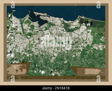 San Juan, Gemeinde Puerto Rico. Satellitenkarte mit niedriger Auflösung. Standorte der wichtigsten Städte der Region. Eckkarten für zusätzliche Standorte Stockfoto