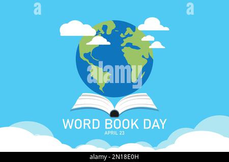 Banner für den Weltbuchtag. Bücherstapel und Welt mit offenem Buch-Cloud-Hintergrund. Bildungs-Vektordarstellung. Stock Vektor