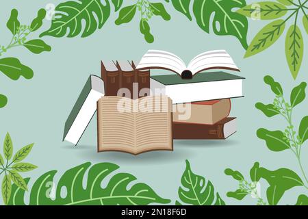 Abbildung: Stapel Bücher zum Lesen. World Book Day Stapel verschiedener Lehrbücher auf festem Einband, offene Notizbücher auf hellgrünem Hintergrund. Literatur, e Stock Vektor