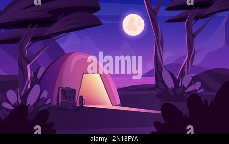 Campingabend-Komposition mit Outdoor-Landschaft und wilder nachtaktiver Landschaft mit Lichtaustritt aus dem Zelt Vektorbild Stock Vektor