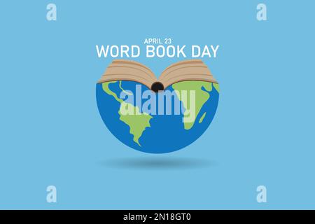Illustration des World Book Day Banners. Bücherstapel auf der ganzen Welt mit offenen Büchern auf blauem Hintergrund. Bildungs-Vektordarstellung. Stock Vektor
