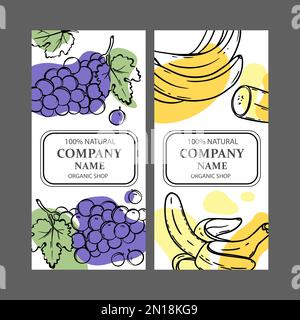 ETIKETTEN FÜR TRAUBENBANANEN Design von Aufklebern für Shop of Tropical Organic Natural Fresh Juicy Fruits and Dessert Drinks in Sketch Style Vector Illustration Stock Vektor