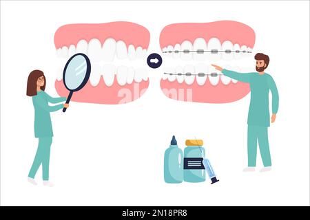 Der Kieferorthopäde installiert Zahnspangen zum Glätten. Winzige Zahnarztforschung im Röntgenbild des Zahnes. Zahnheilkunde, Zahnspange, Zahnalig Stock Vektor