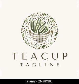 Kreisförmiges, dekoratives Logo für Teetassen. Vintage Teeblatt-Logo-Vektor. Stock Vektor
