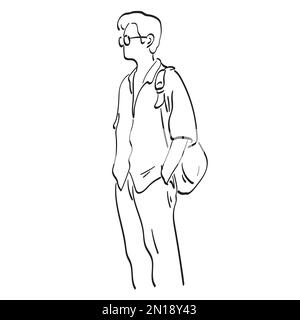 Strichkunst-Mann mit Brille Stehende Illustration Vektorhand gezeichnet isoliert auf weißem Hintergrund Stock Vektor