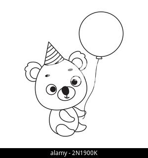 Malseite niedlicher kleiner Koala in Geburtstagsmütze Ballon halten. Malbuch für Kinder. Pädagogische Aktivitäten für Kinder und Kleinkinder im Vorschulalter Stock Vektor