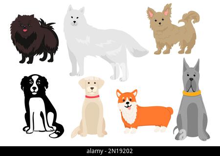 Hundesammlung. Vektordarstellung eines lustigen Cartoons verschiedener Rassen Hunde im trendigen flachen Stil. Isoliert auf weiß. Stock Vektor