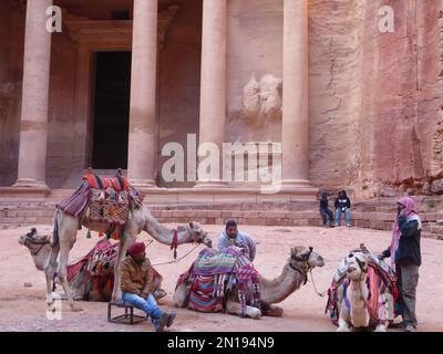 Ruhende Kamele vor dem Treasury Building, Petra, Jordanien Stockfoto