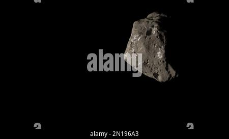 3D-Rendering - ein eisbedeckter Asteroid fliegt im Dunkeln. Stockfoto