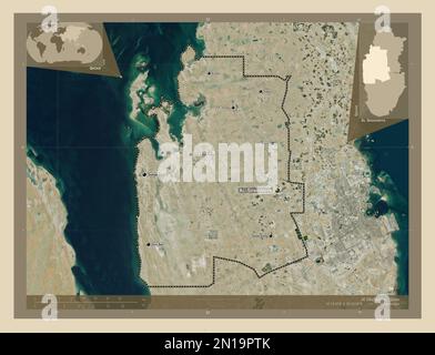 Al-Shahaniya, Gemeinde Katar. Hochauflösende Satellitenkarte. Standorte und Namen der wichtigsten Städte der Region. Eckkarten für zusätzliche Standorte Stockfoto