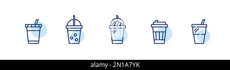 Getränke in Einwegbechern. Frappe, kalter und Eiskaffee, Tee. Essen zum Mitnehmen. Pixelgenaue, bearbeitbare Kontur Stock Vektor