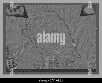 Botosani, Kreis Rumänien. Bilevel-Höhenkarte mit Seen und Flüssen. Standorte der wichtigsten Städte der Region. Eckkarten für zusätzliche Standorte Stockfoto