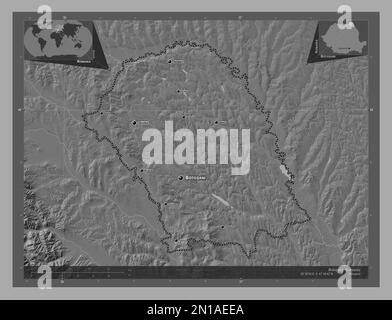 Botosani, Kreis Rumänien. Bilevel-Höhenkarte mit Seen und Flüssen. Standorte und Namen der wichtigsten Städte der Region. Lage der Zusatzgeräte an der Ecke Stockfoto