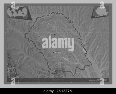 Botosani, Kreis Rumänien. Grauskala-Höhenkarte mit Seen und Flüssen. Standorte und Namen der wichtigsten Städte der Region. Zusätzliche Eckpunkte Stockfoto